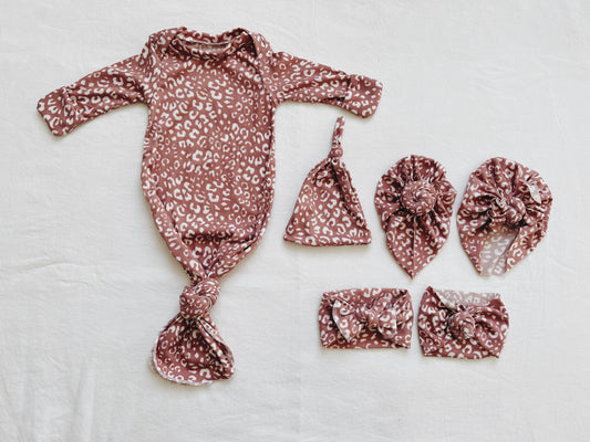 Mauve Ribbed Leopard  Baby Gown Set