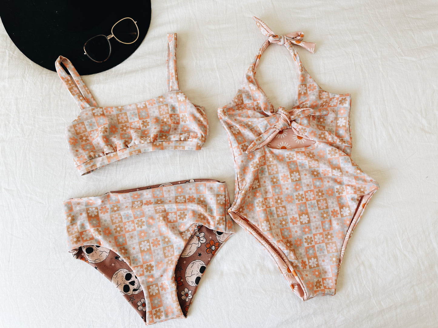Blush checker floral mommy swim suits