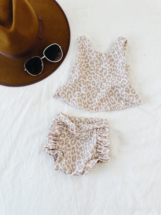 Taupe leopard ruffle swim suit