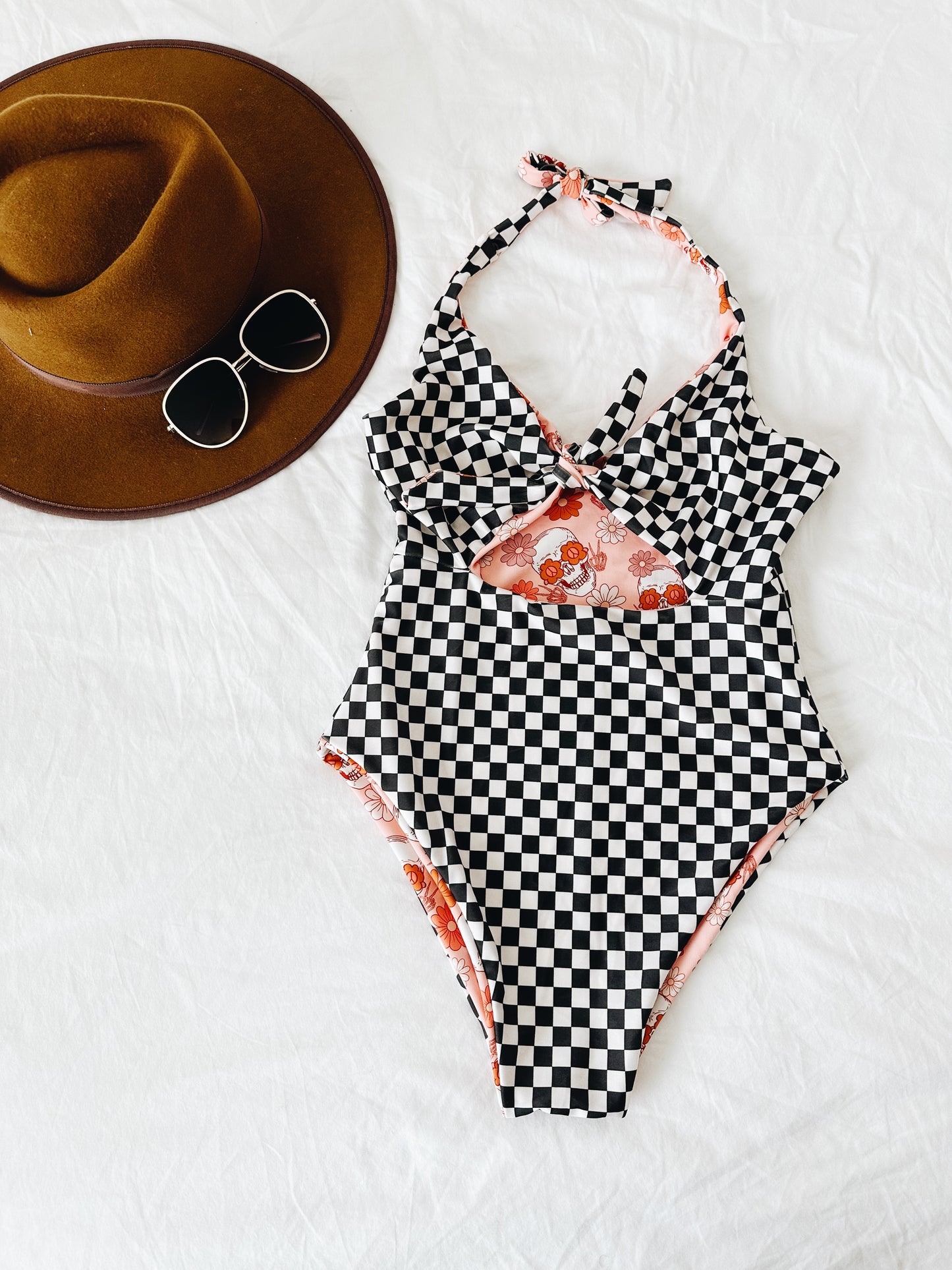 Black and white check reversible women’s 1 piece swim suit