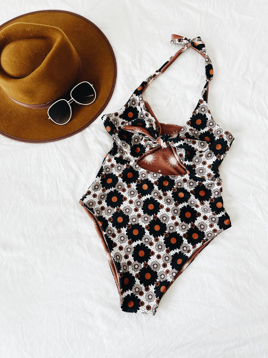 Black and white polka dot floral reversible women’s 1 piece swim suit