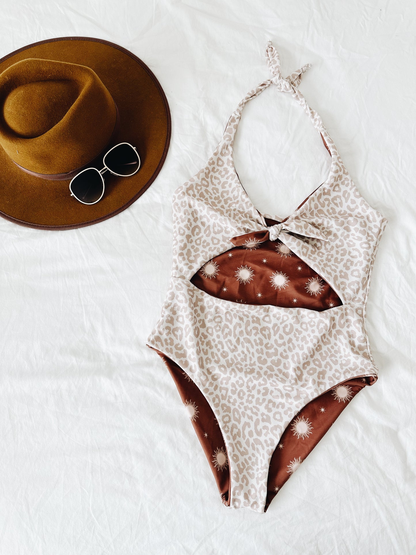 Taupe leopard reversible women’s 1 piece swim suit