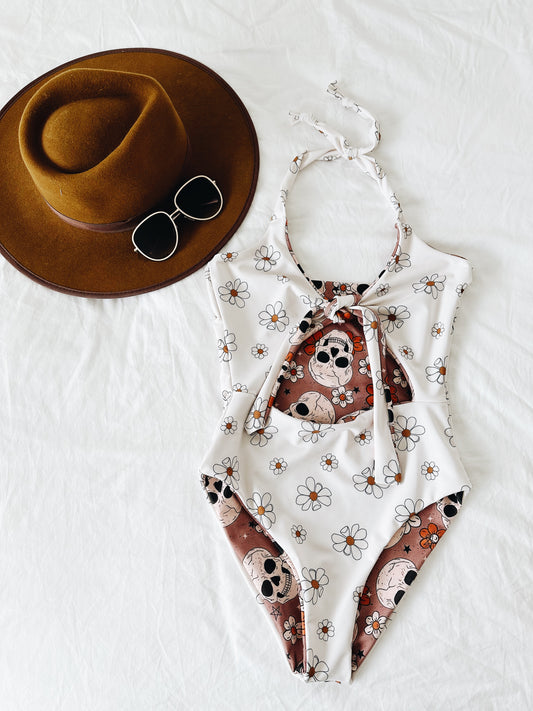 Ivory daisy floral reversible women’s 1 piece swim suit