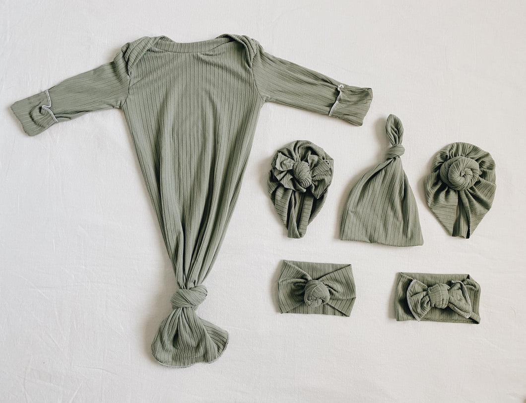 Dark Sage Ribbed Baby Gown Set