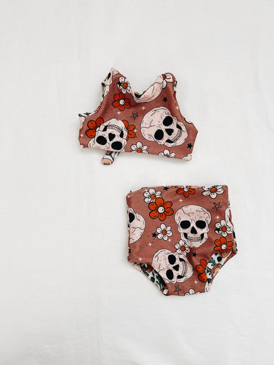 Mauve skull reversible 2 Piece swim suit