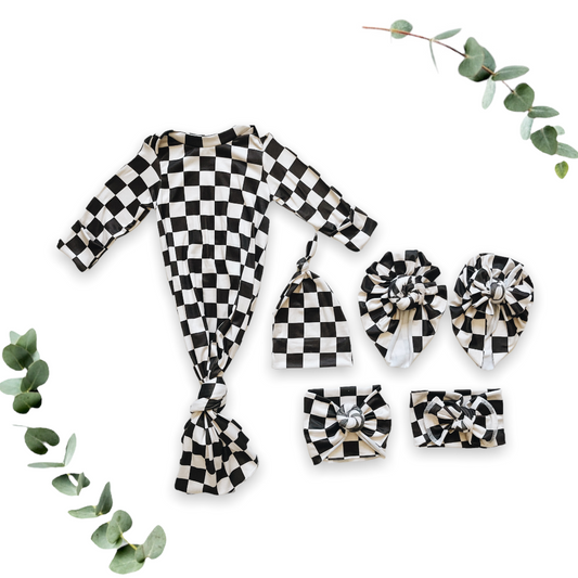 Black and white checkers Baby Gown Set
