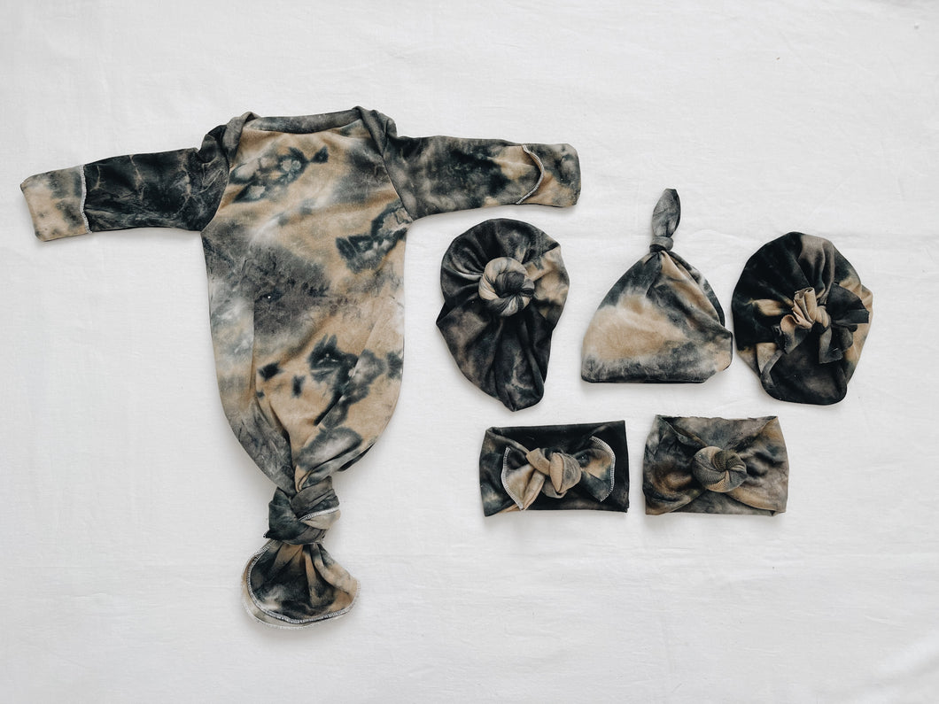 Navy and tan tie dye  Baby Gown Set