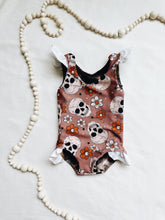 Load image into Gallery viewer, Mauve skull ruffle one piece reversible swim suit
